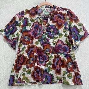 Johnny Was White Floral Boho Peasant Tassel Top Gauze Cotton - Small